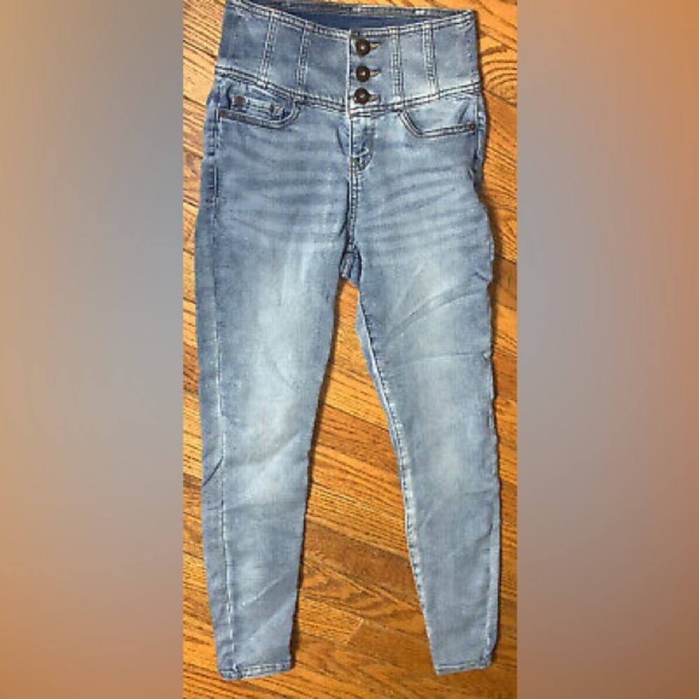 No Boundaries Blue Skinny Jeans with Distressing and Vintage Look